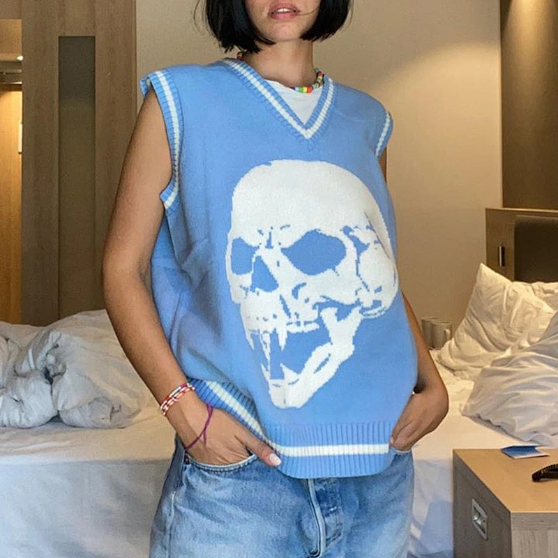 Skull print V neck loose casual sweater vest women fashion oversized women vest sweater