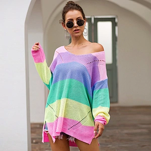 2020 rainbow striped color blocking long sleeve knitted loose pullovers clothes women Casual fashion sweater