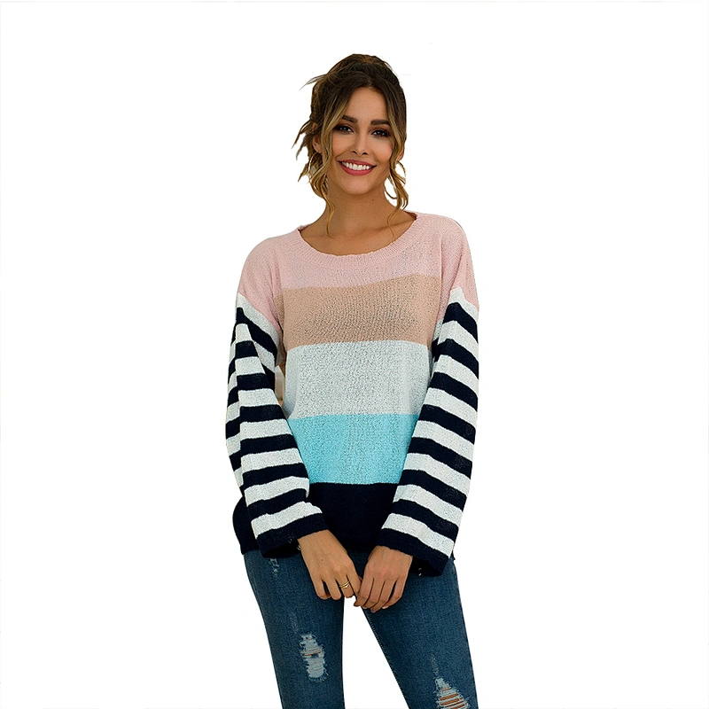 2020 Wholesale Custom Hot Selling New Fashion Striped Color Blocking Pullovers Summer Casual Clothes Women Sweater