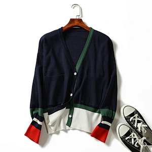 Winter contrast-coloured rib women knitting V-neck long-sleeved coatigan sweaters