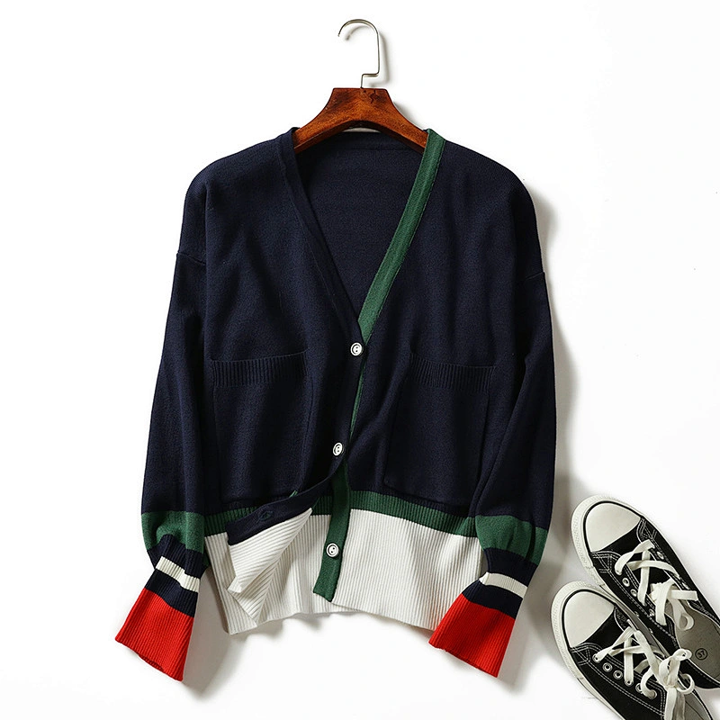 Winter contrast-coloured rib women knitting V-neck long-sleeved coatigan sweaters
