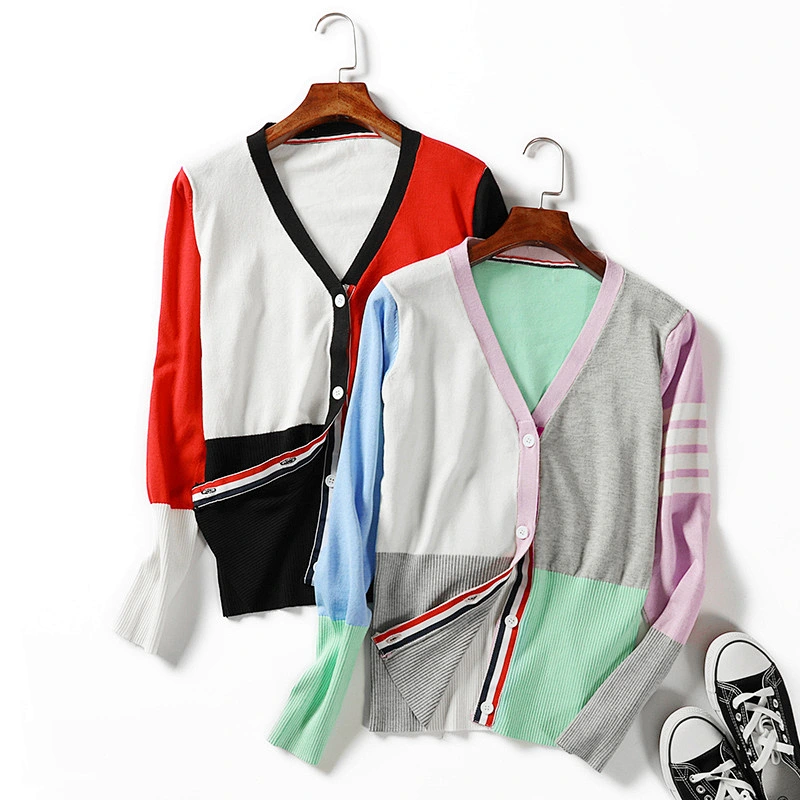 Winter jacket women V-neck knitwear color-blocking cardigan sweaters