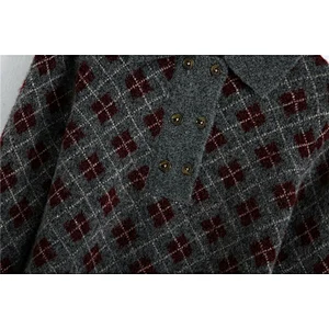 Fashion Argyle Cropped Knitted Sweater Vintage Round Lapel Collar winter Pullovers Blouse