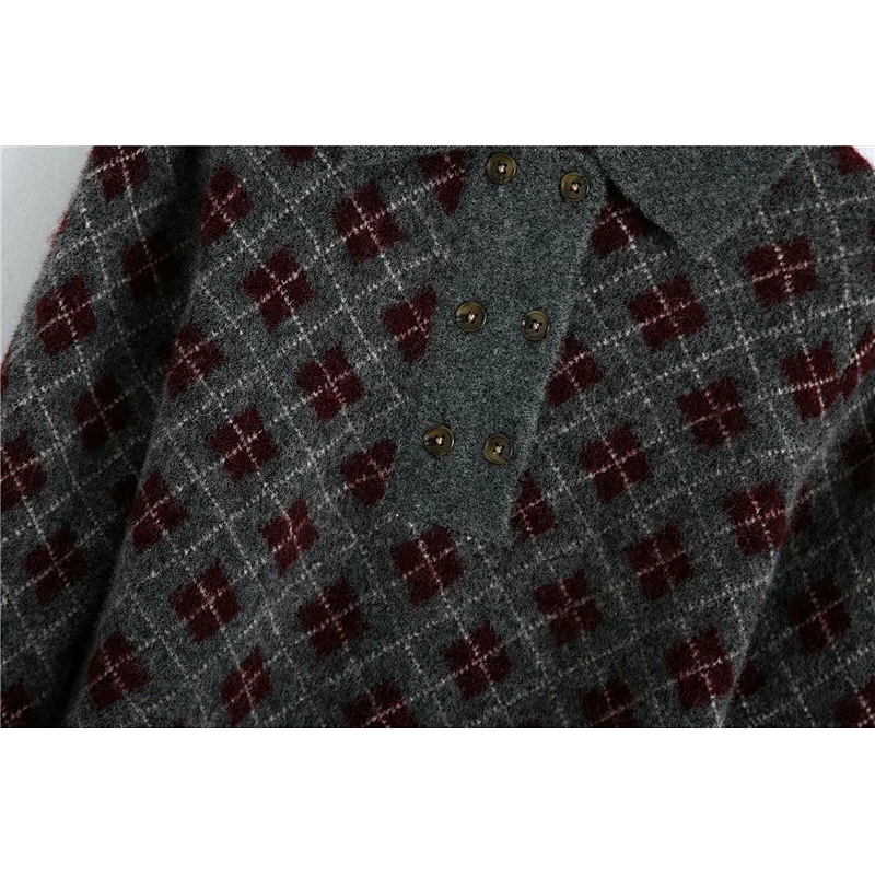 Fashion Argyle Cropped Knitted Sweater Vintage Round Lapel Collar winter Pullovers Blouse