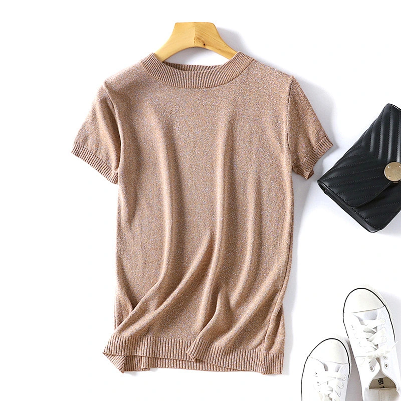 Short sleeve solid color round neck knitted female T-shirt for women summer sweater