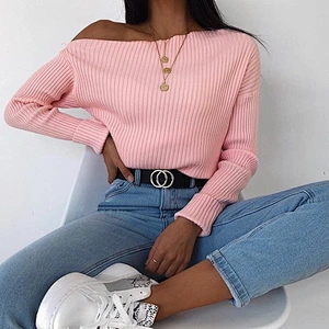 Women clothing slash neck sweaters pure color slim sweaters apparel stock