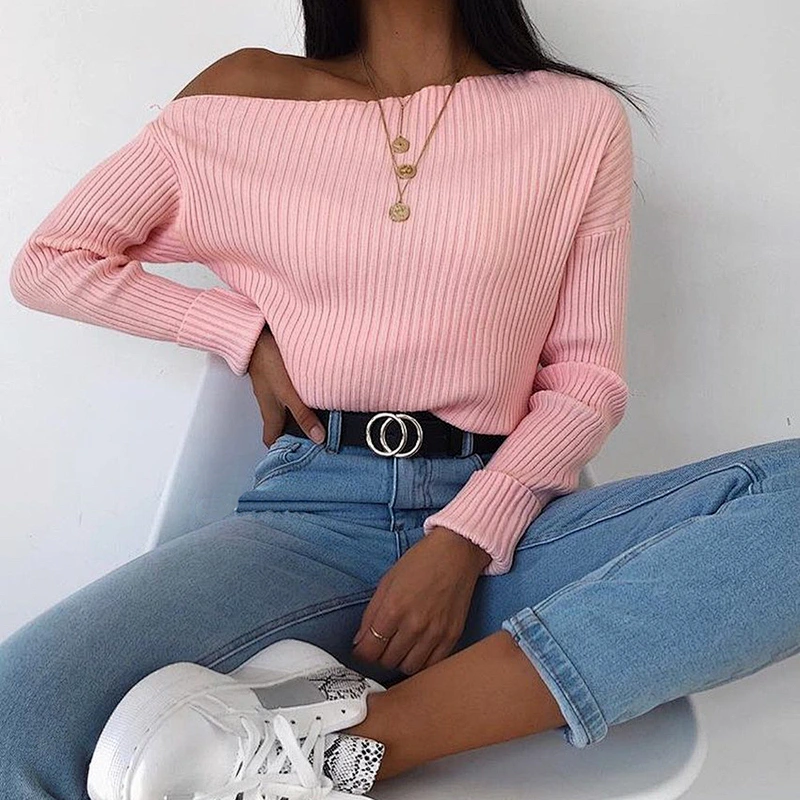 Women clothing slash neck sweaters pure color slim sweaters apparel stock