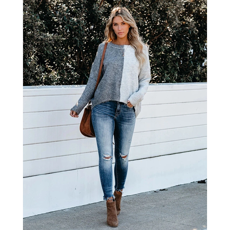 Women's High Quality Winter Korean Stylish Long Sleeve Color Block Knit Sweater For Ladies Casual Loose Round Neck Pullover