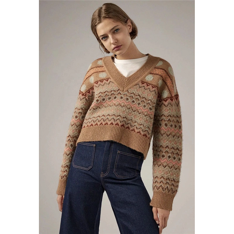 Ribbed Trims Jacquard Pullovers fashion sweaters for women trendy warm winter plus size crop top sweater
