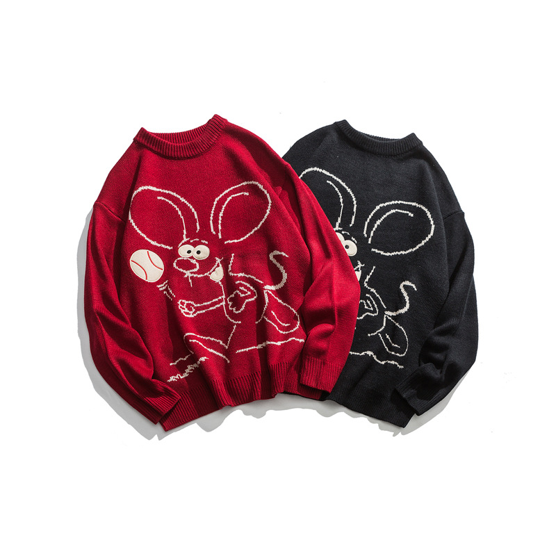 Mens cropped knitted crew neck sweater oversized heavy mouse couple pullover soft knit sweater