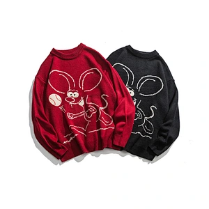 Mens cropped knitted crew neck sweater oversized heavy mouse couple pullover soft knit sweater