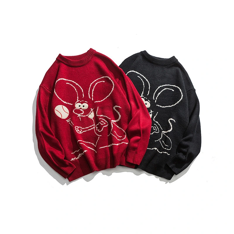 Mens cropped knitted crew neck sweater oversized heavy mouse couple pullover soft knit sweater