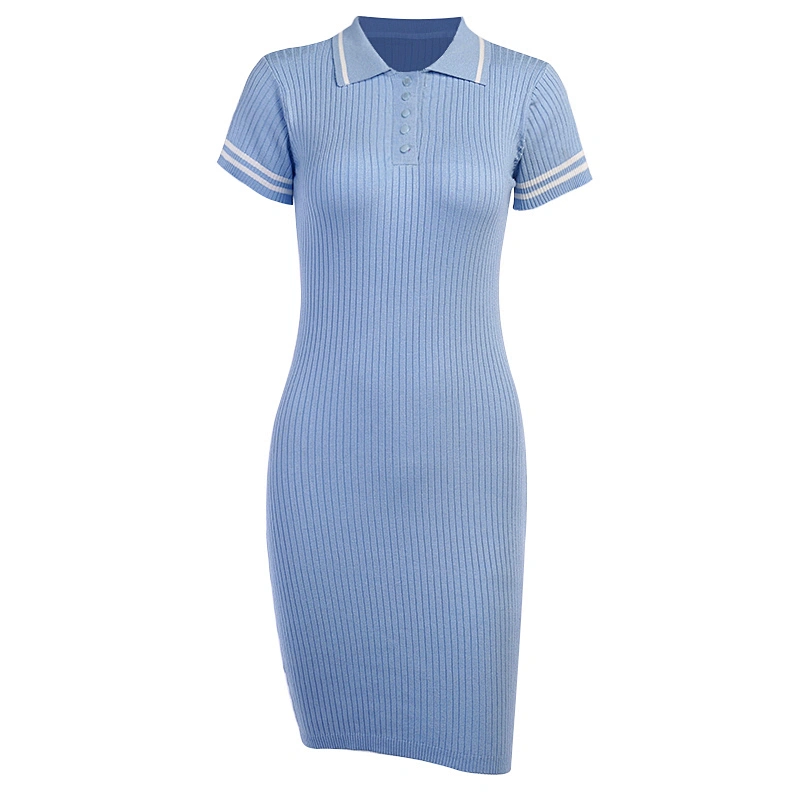 Women summer dress pure color bodycon knitted hip skirt Single-breasted polo-neck casual  dress