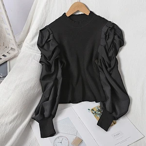 Women's knit sweater puff sleeves pullover round neck fall solid color tops blouses