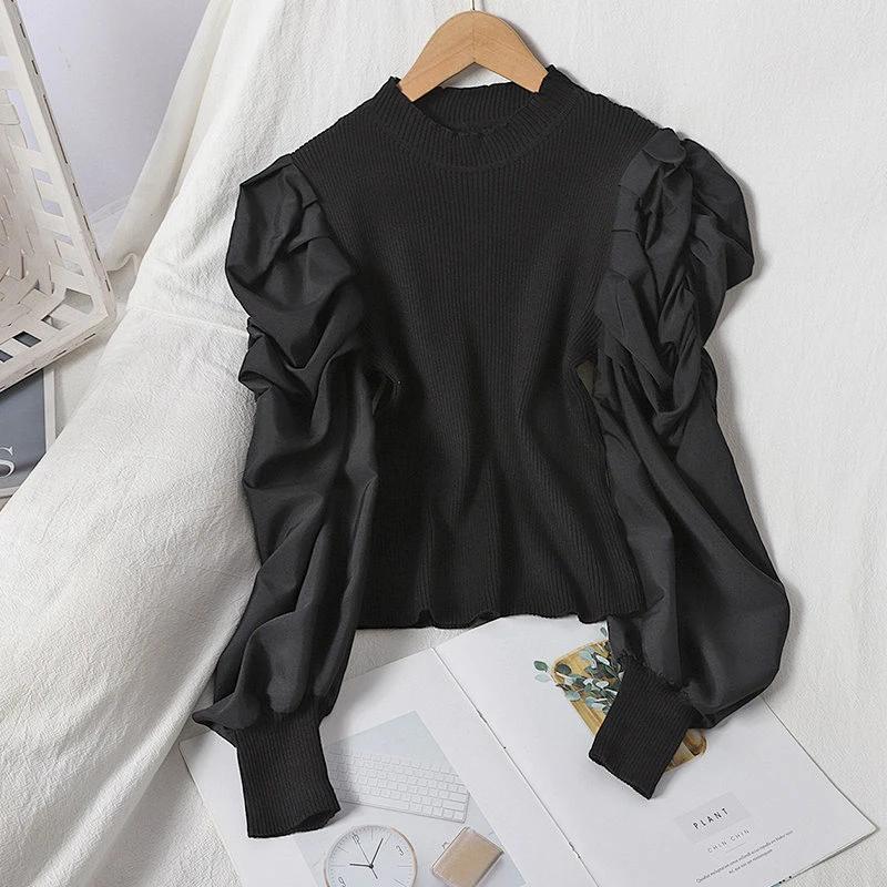 Women's knit sweater puff sleeves pullover round neck fall solid color tops blouses