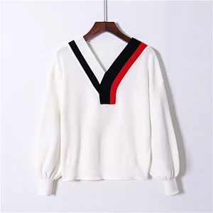 Autumn v neck solid winter Pullover Sweaters Women Girl Female Knitted balloon sleeve Plus Size sweater