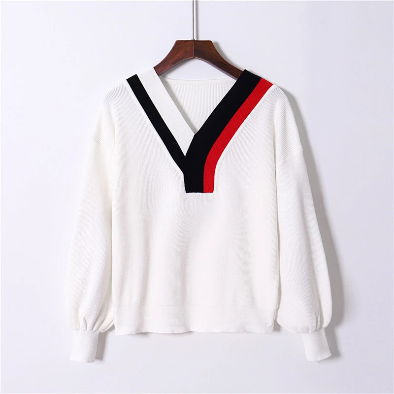 Autumn v neck solid winter Pullover Sweaters Women Girl Female Knitted balloon sleeve Plus Size sweater
