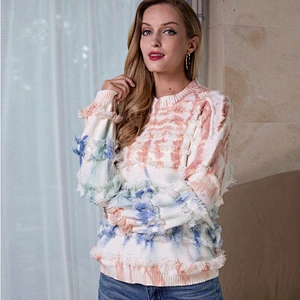 Winter tassel sweater pullover casual tops women loose tie-dye knitwear blouses