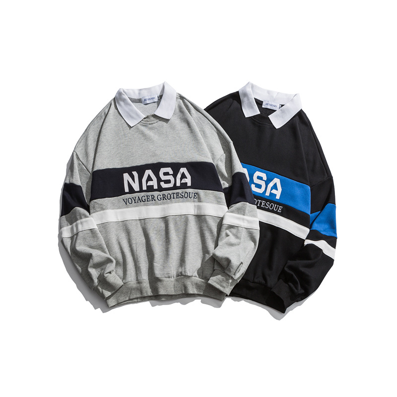 Autumn clothing women vintage polo pullover hoodie no pocket custom men grey pullover color block hoodie