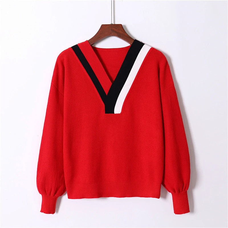 Autumn v neck solid winter Pullover Sweaters Women Girl Female Knitted balloon sleeve Plus Size sweater