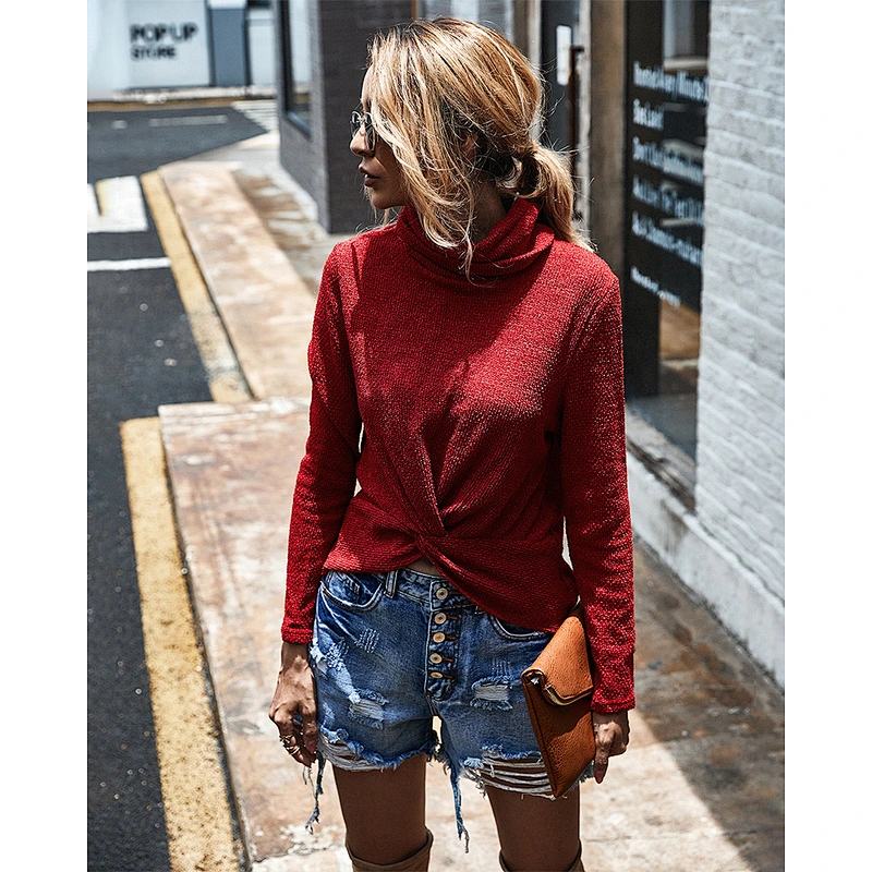 Women sweaters pure color turtleneck sweater irregular casual knit sweater wholesale custom