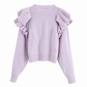 Fall Stylish Ruffles Short Knitted Sweater Women O Neck Sweet Pullovers Chic Tops Blouse