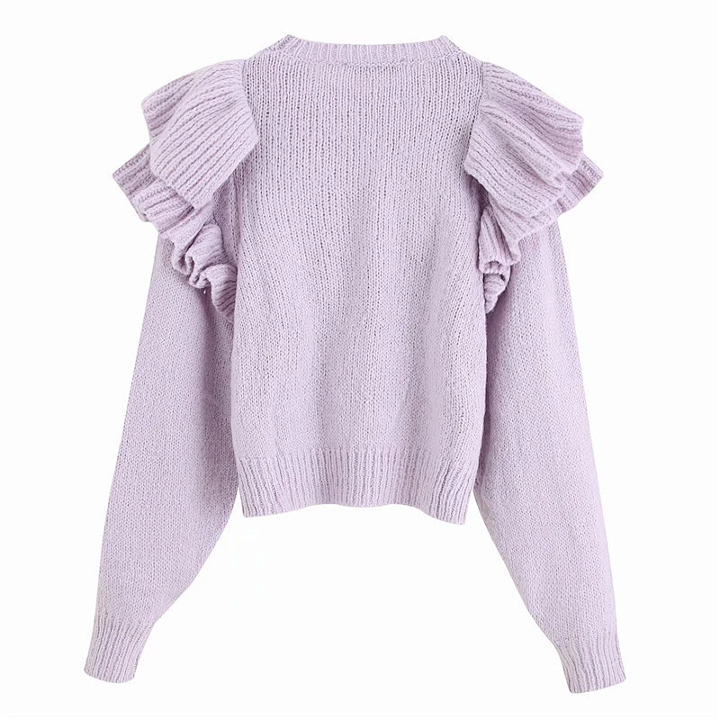 Fall Stylish Ruffles Short Knitted Sweater Women O Neck Sweet Pullovers Chic Tops Blouse
