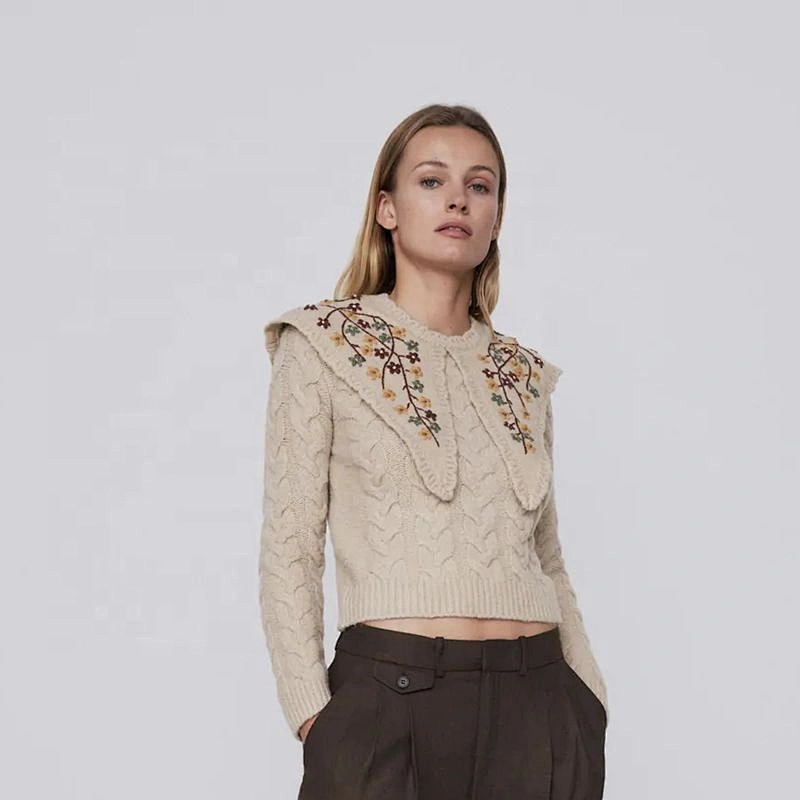 korean Embroidered womens knit sweater Cropped knitting crew neck embossed sweater