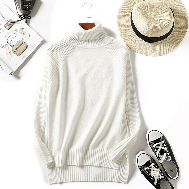 Thick 12GG women pullover long sleeve knitwear turtleneck side slit casual sweater
