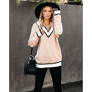 V-neck striped women fashion clothes casual luxury plus size handmade knitted thick sweater 2021 winter outdoor custom logo
