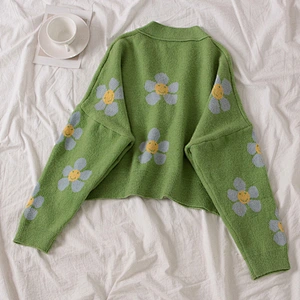 Flower Knit Cardigans Sweater Women V Neck Loose elegant Thickened Pull Print Short Casual Cardigan
