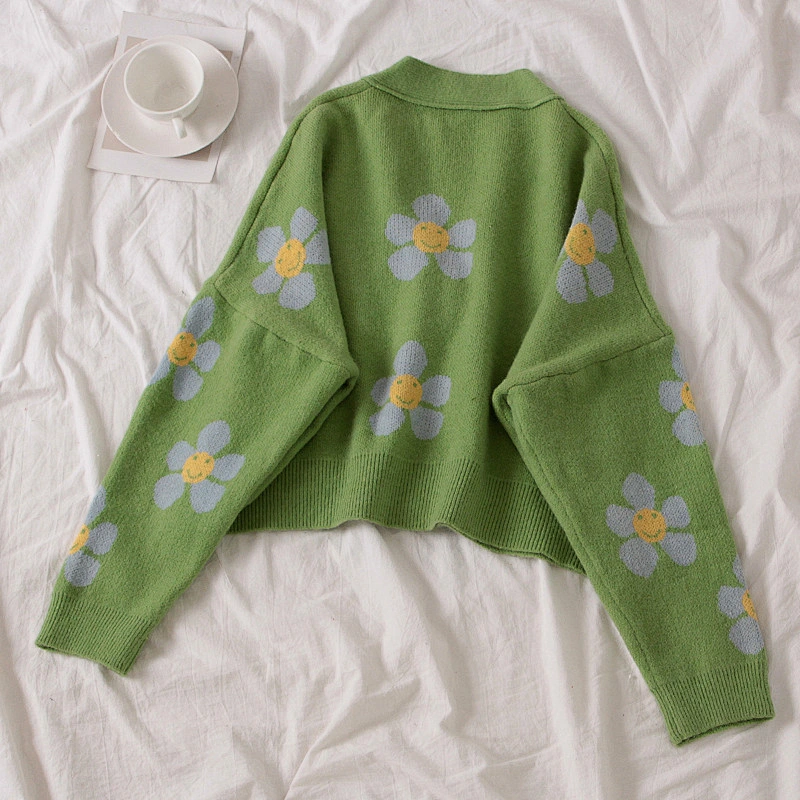 Flower Knit Cardigans Sweater Women V Neck Loose elegant Thickened Pull Print Short Casual Cardigan