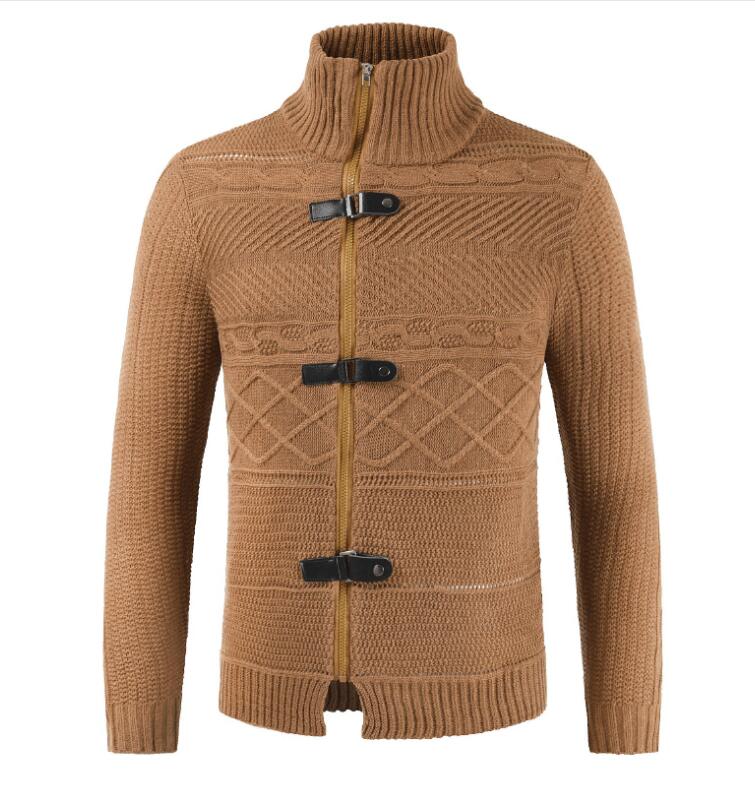 New Knitted Coatdigan Leather Button Neck Long Sleeve Cardigan Men Sweaters