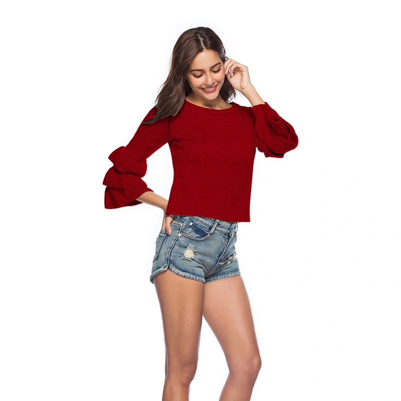 Women slim short sweater knitted flare sleeve clothing fashion casual knitwear