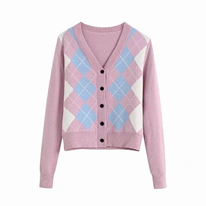 Women Cardigan Vintage Stylish Geometric Pattern Outerwear Fashion Long Sleeve Short Knitted Sweaters