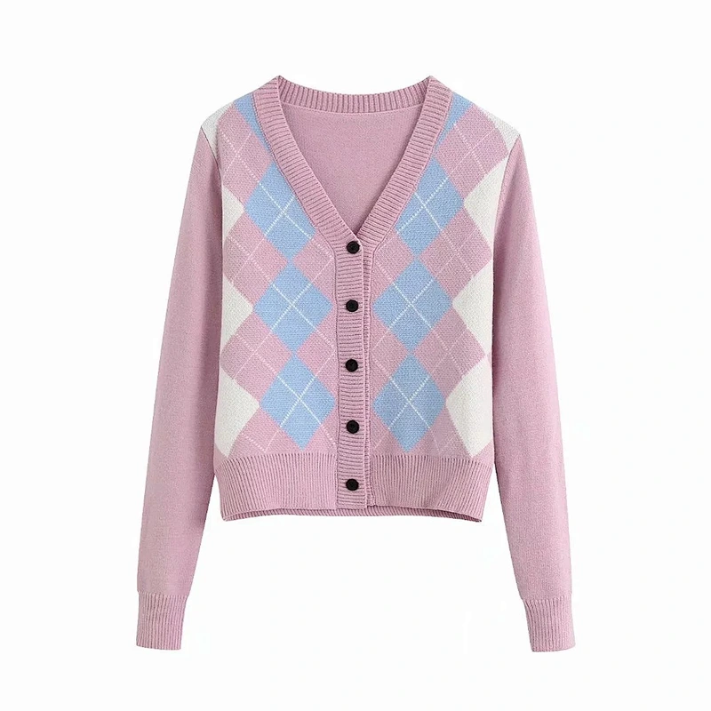 Women Cardigan Vintage Stylish Geometric Pattern Outerwear Fashion Long Sleeve Short Knitted Sweaters