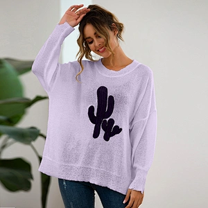 New style fashionable soild color round neck long sleeve pullovers cactus pattern casual clothes women sweater