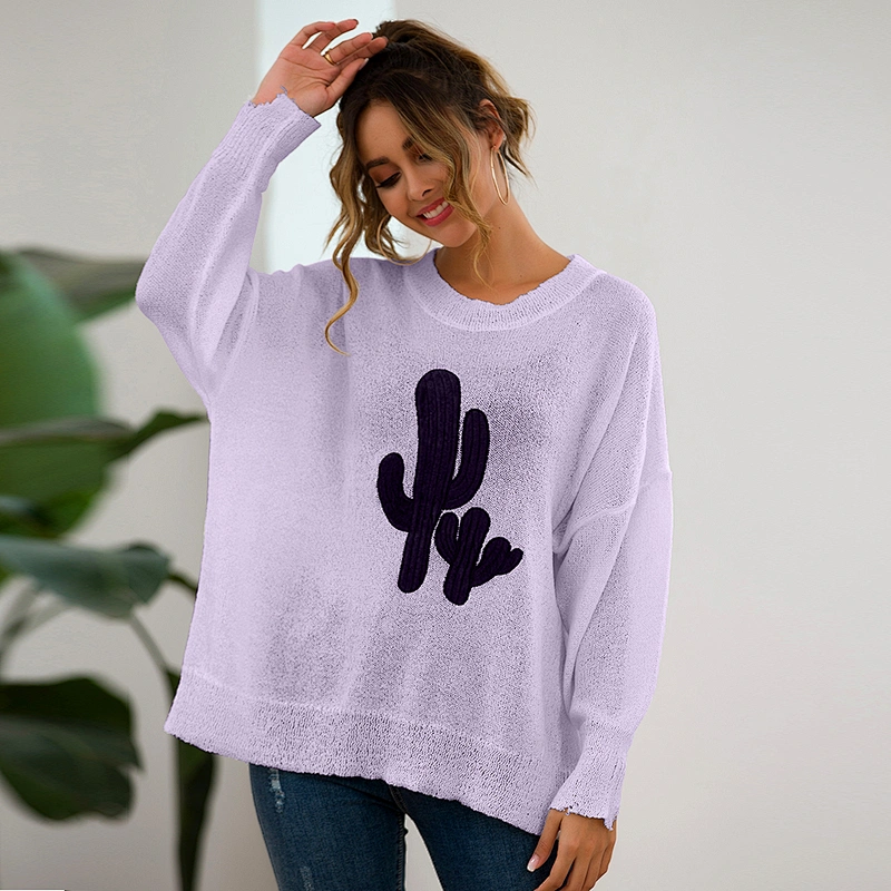 New style fashionable soild color round neck long sleeve pullovers cactus pattern casual clothes women sweater