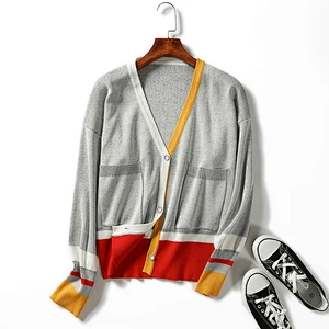Winter contrast-coloured rib women knitting V-neck long-sleeved coatigan sweaters