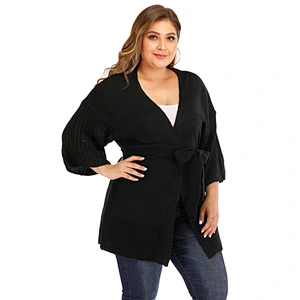Plus size women's deep V neck knit sweater loose cardigan strap casual sweaters