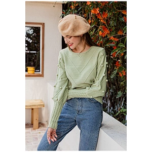 Elegant pompon women long sleeve knitted sweater streetwear ladies green pullover