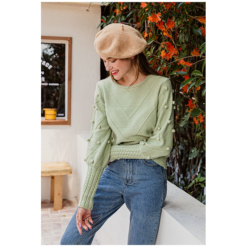 Elegant pompon women long sleeve knitted sweater streetwear ladies green pullover