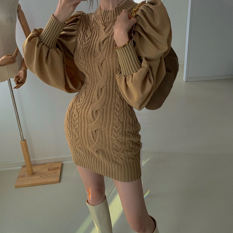 Girl skirt women wear long-sleeved lazy style retro slim knitted casual sweater dress
