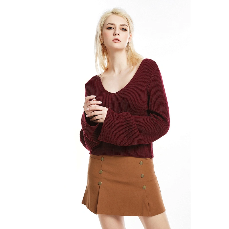 Flared sleeve pullover knitwear sexy V-neck cropped top fashion sweater