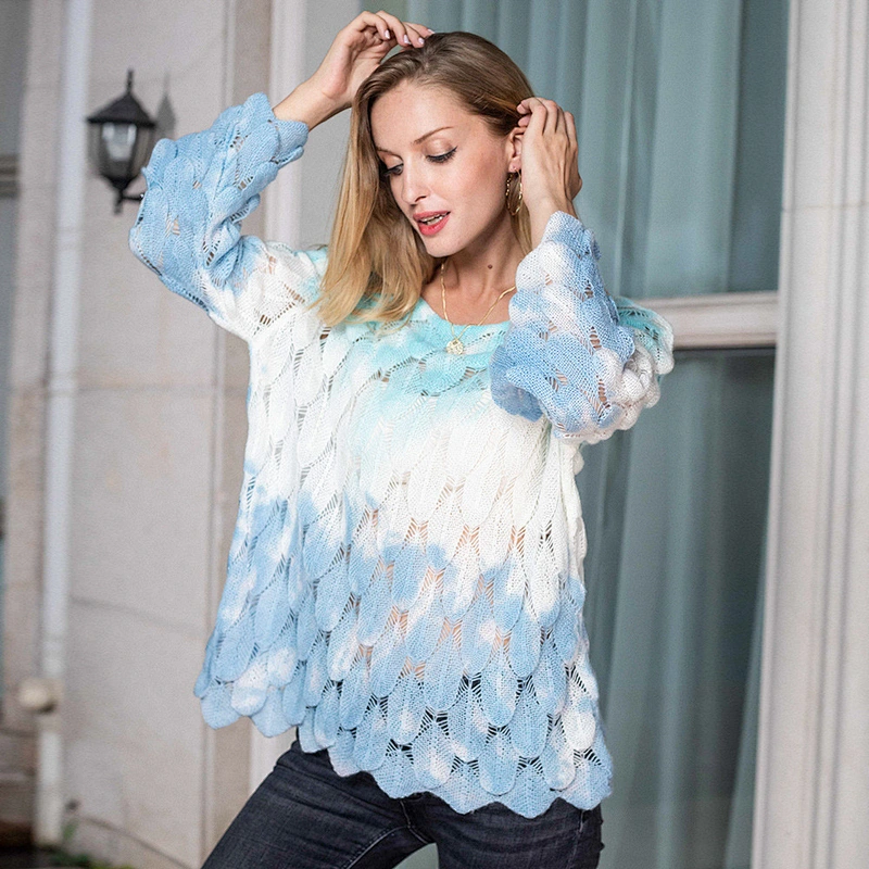 Women's feather pattern hollow thin knitwear flared sleeve tie-dye knitted sweater for women