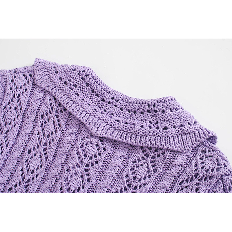 Knitted Cardigan Women Purple Green Sweater Hollow Long sleeve V neck Blouses