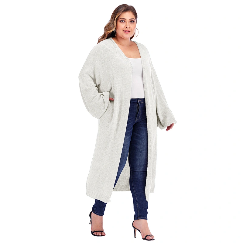 Plus size women loose pocket lantern sleeve long woven cardigan sweaters