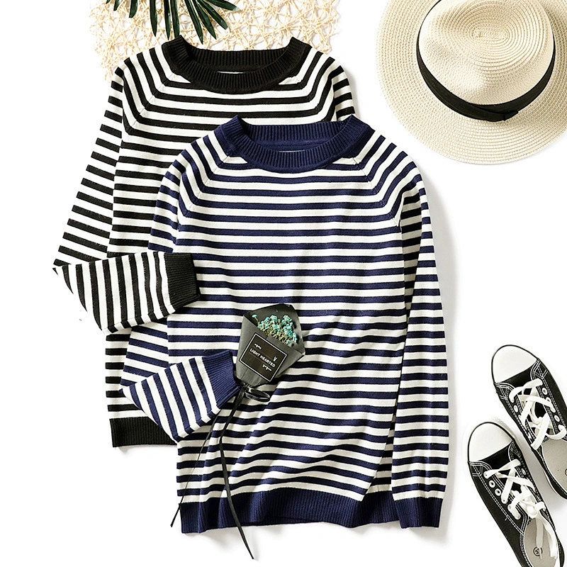 Simple long-sleeved knitted sweaters women round neck striped pullover