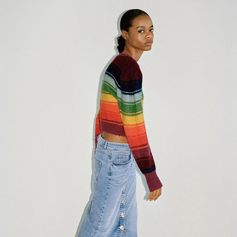 high quality jacquard knit crop top sweater women winter puff sleeve Striped Cropped mohair sweater