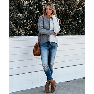 Women's High Quality Winter Korean Stylish Long Sleeve Color Block Knit Sweater For Ladies Casual Loose Round Neck Pullover